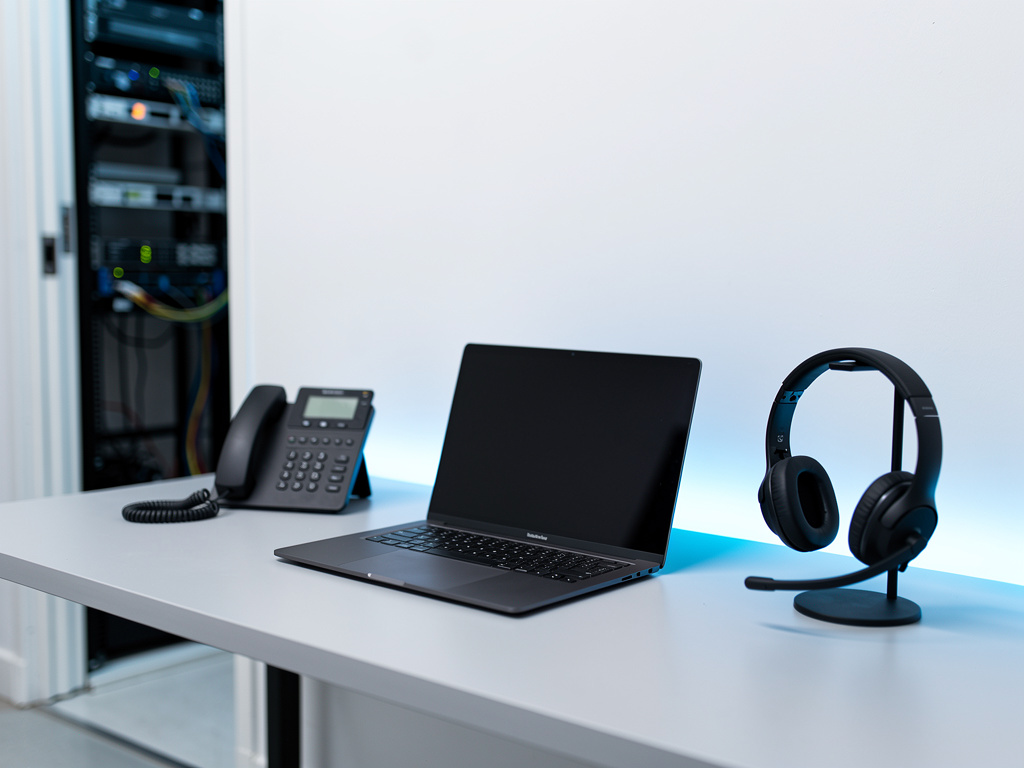 A clean support desk with a laptop, a desk phone and a headset, bright white walls and a soft blue accent light, nobody 
