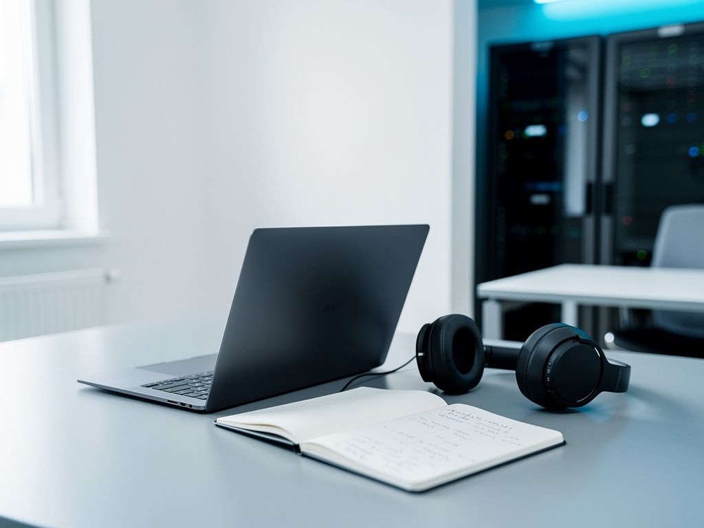 A laptop and headset on a light gray desk next to a notebook with handwritten notes, soft daylight.
