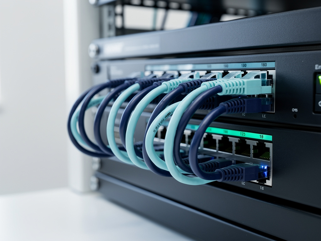 Close-up of a network switch with neatly labeled-free patch cables in navy and cyan, crisp focus.