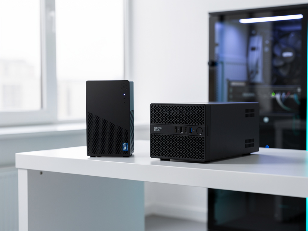 An external backup drive and a small server unit on a clean white shelf, cool LED glow.