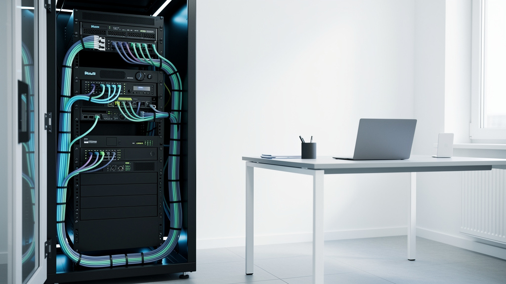 A tidy server rack with neatly bundled cables and soft cyan status lights, beside a bright white workspace with a laptop
