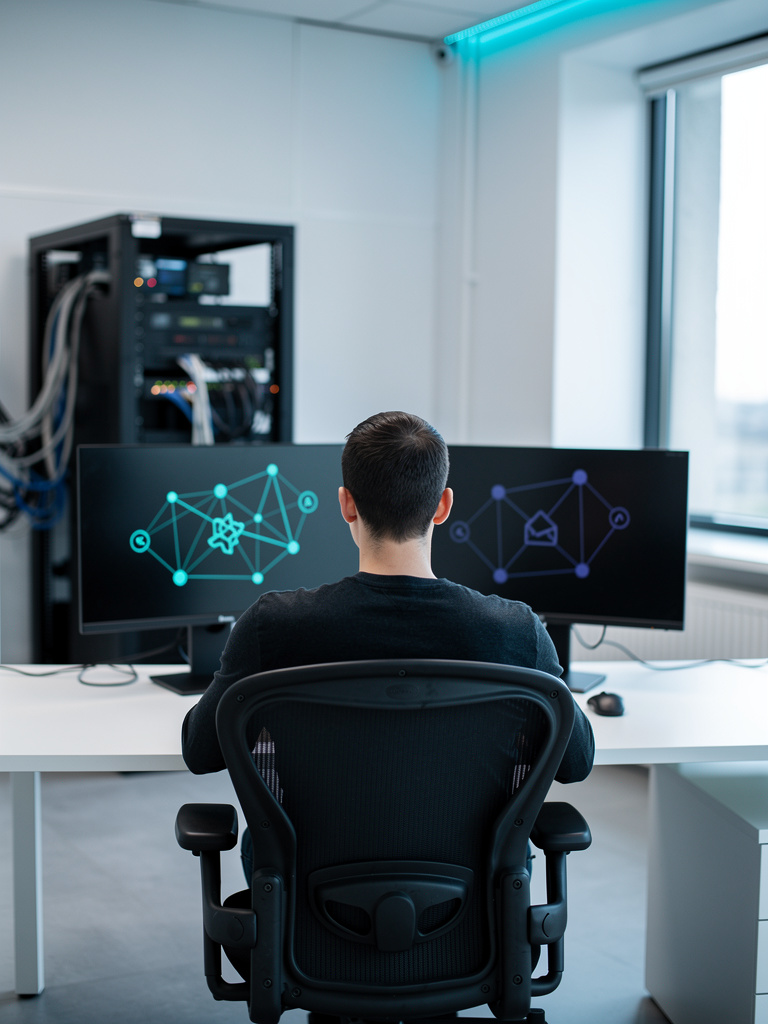A technician seen from behind at a clean white desk with two monitors showing abstract network diagrams, daylight from a